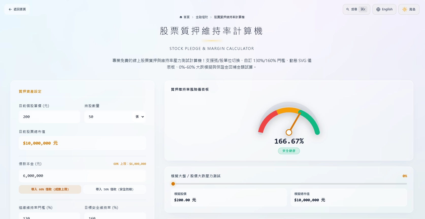 透過維持率計算機掌握股票質押借款的維持率。