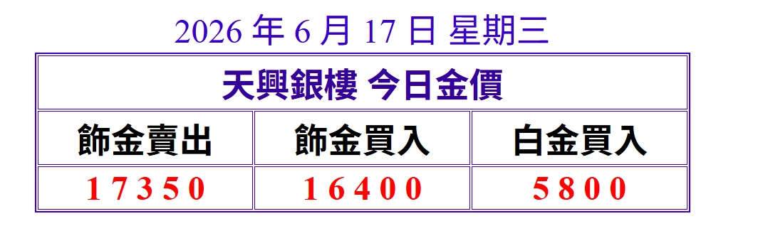 天興銀樓每日同步更新當日金價。